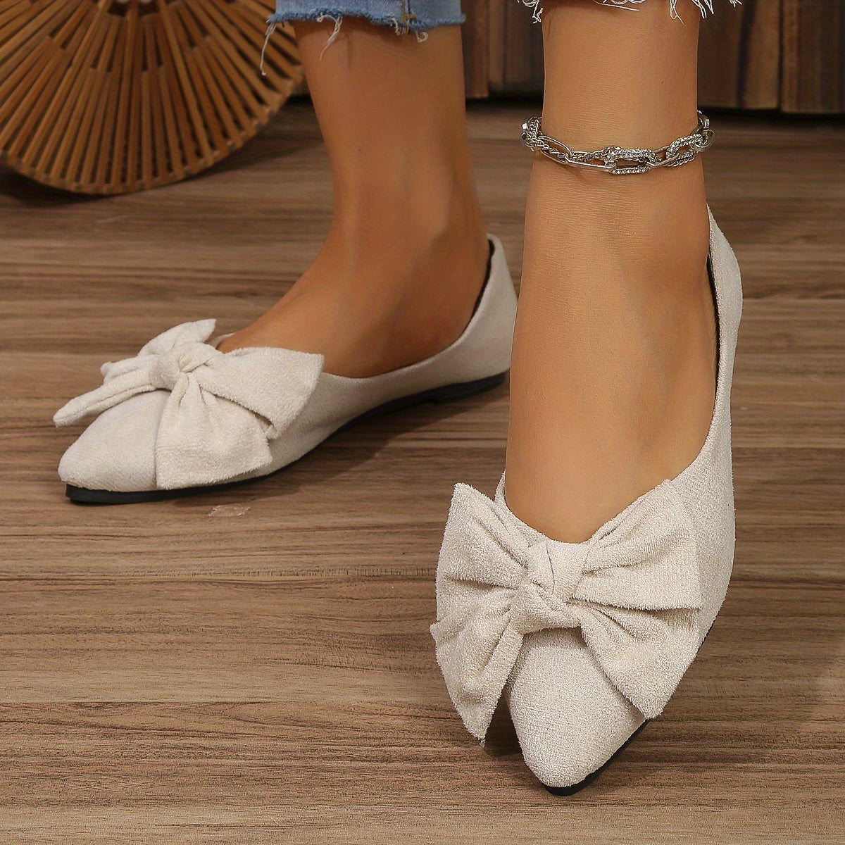 Lightweight Women's Elegant Point Toe Bowknot Decor Flat Shoes, Solid Color Dress Shoes