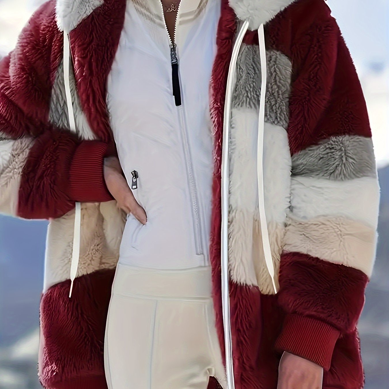 Ultra-Soft Color Block Fuzzy Hooded Coat - Stylish Winter Warm Outerwear with Full-Length Sleeves - Perfect for Casual Wear - Womens Clothing