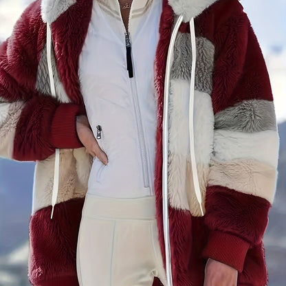 Ultra-Soft Color Block Fuzzy Hooded Coat - Stylish Winter Warm Outerwear with Full-Length Sleeves - Perfect for Casual Wear - Womens Clothing