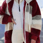 Ultra-Soft Color Block Fuzzy Hooded Coat - Stylish Winter Warm Outerwear with Full-Length Sleeves - Perfect for Casual Wear - Womens Clothing