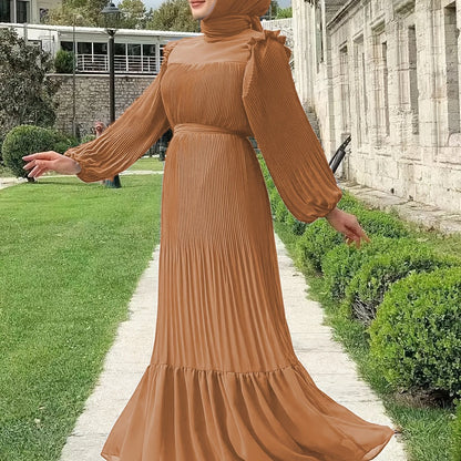 Ramadan Elegant Long Length Kaftan Dress - Polyester Solid Color Belted Maxi Dress with Ruffle Trim, Machine Washable, Casual Wear for All Seasons
