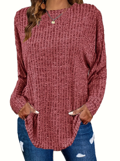 Plus Size Casual Sweater, Women's Plus Solid Ribbed Long Sleeve Round Neck Knit Top