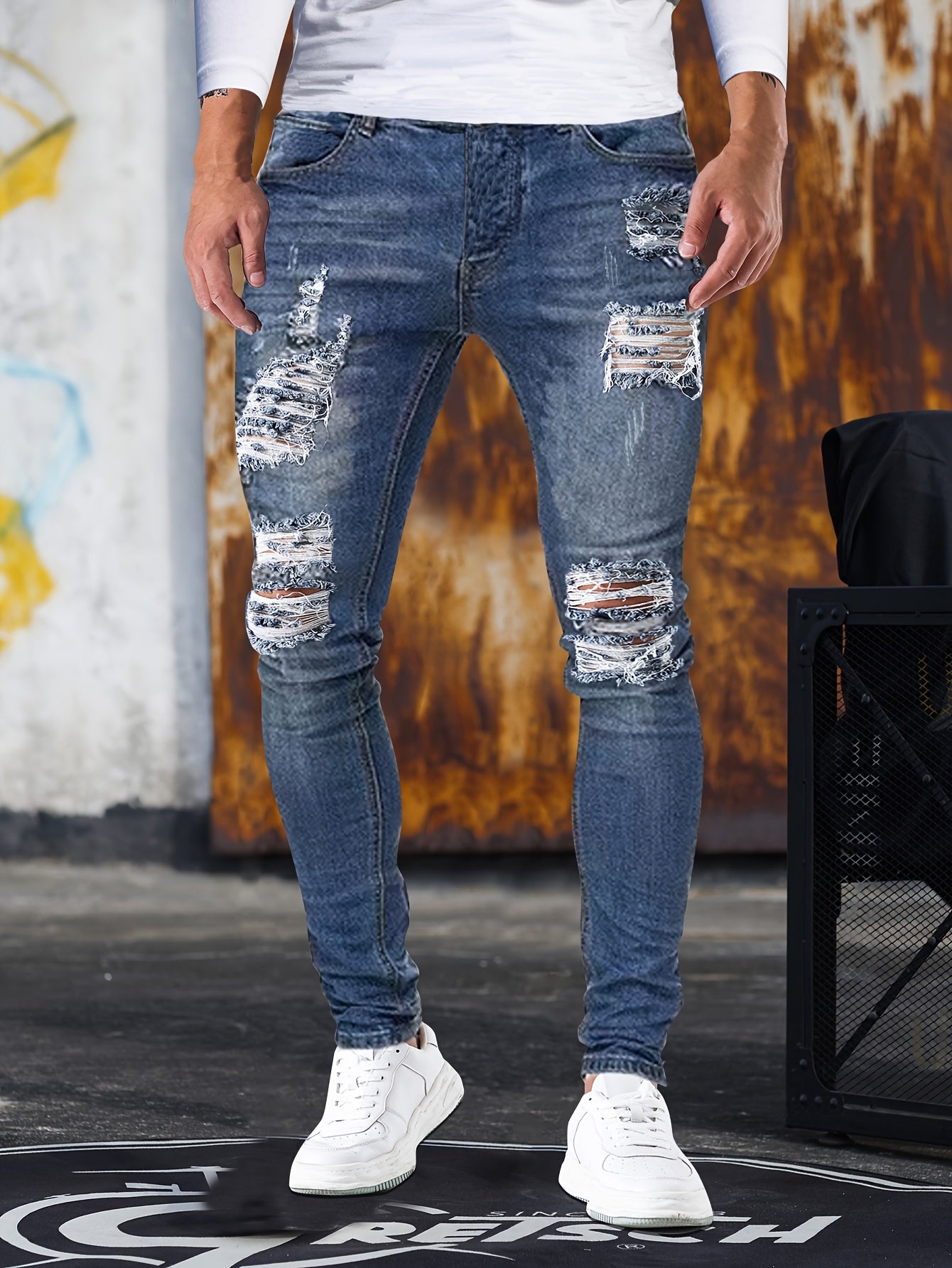 Slim Fit Ripped Jeans, Men's Casual Street Style Distressed Medium Stretch Denim Pants