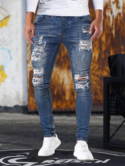 Slim Fit Ripped Jeans, Men's Casual Street Style Distressed Medium Stretch Denim Pants