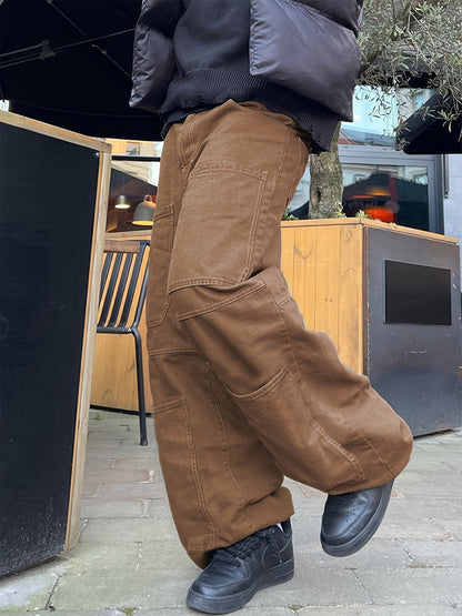 Retro Denim Men's Straight Leg Cargo Pants, Loose Baggy Pants Casual Outdoor Jeans Pants, Work Pants Hipster Streetwear Hiphop Rapper Style For Men