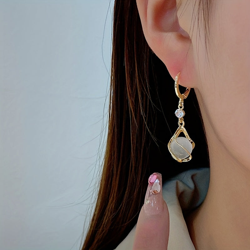 [Elegant Copper Dangle Earrings Shiny] Moonstone Bead Shiny Rhinestone Decor Dangle Earrings Elegant Simple Style Copper Jewelry Delicate Female Gift