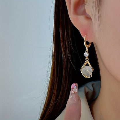 [Elegant Copper Dangle Earrings Shiny] Moonstone Bead Shiny Rhinestone Decor Dangle Earrings Elegant Simple Style Copper Jewelry Delicate Female Gift