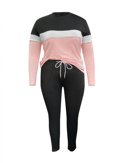 Plus Size Casual Outfits Two Piece Set, Women's Plus Colorblock Long Sleeve Round Neck Top & Pants Outfits 2 Piece Set