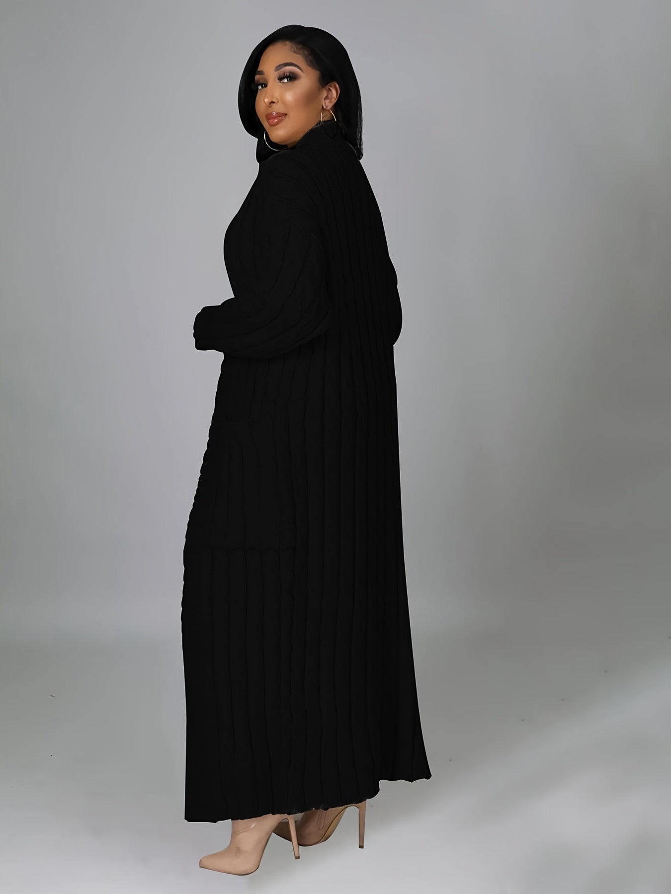 Plus Size Solid Jacquard Longline Cardigan, Women's Plus Medium Stretch Elegant Sweater Cardigan