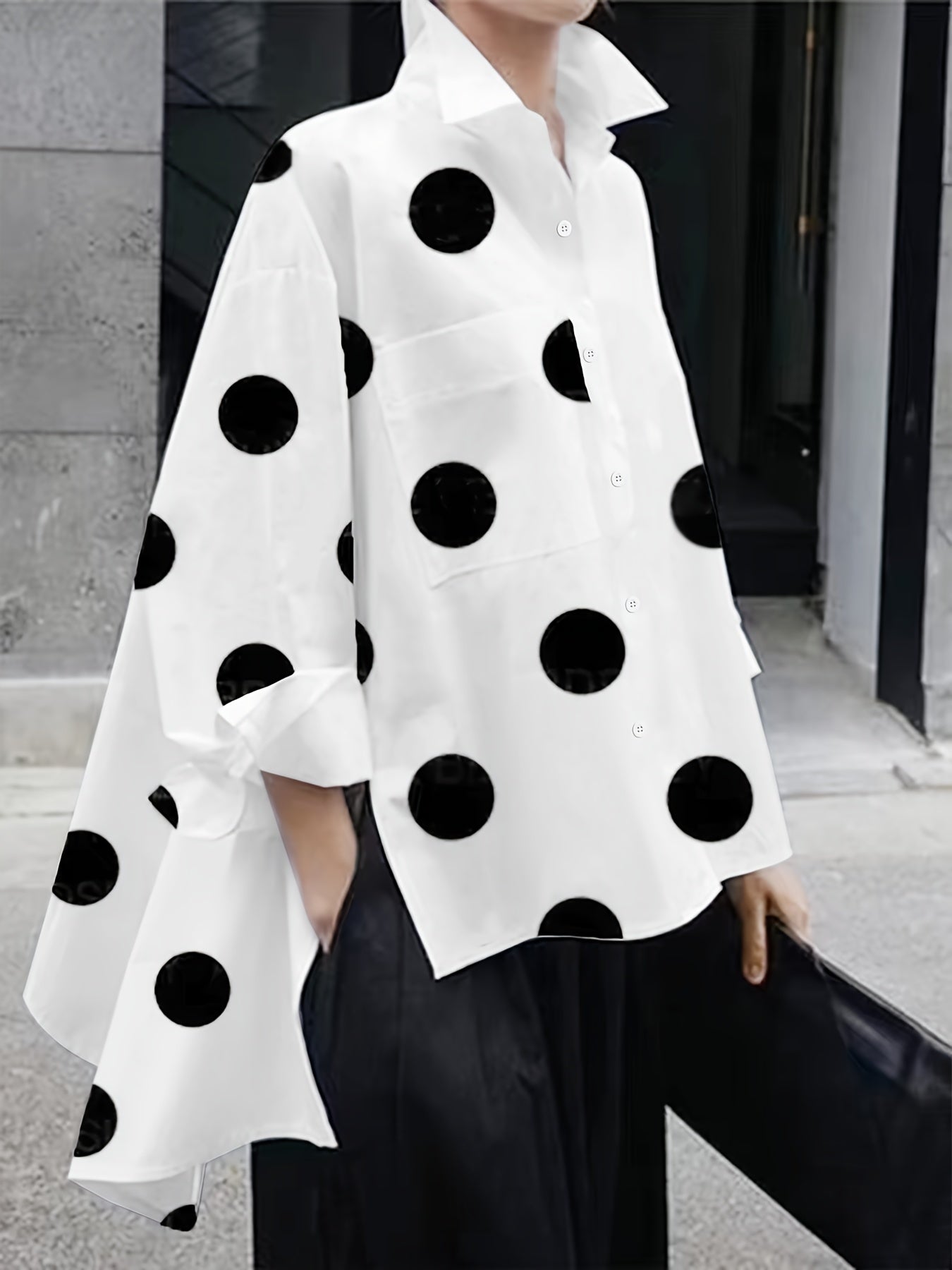 Chic Polka Dot Print Dip Hem Shirt - Versatile Button-Down Design with Practical Pockets - A Feminine Must-Have for Womens Wardrobe