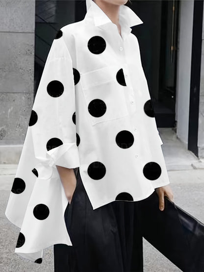 Chic Polka Dot Print Dip Hem Shirt - Versatile Button-Down Design with Practical Pockets - A Feminine Must-Have for Womens Wardrobe