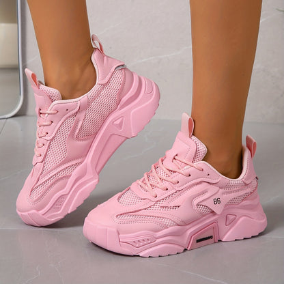 Women's Solid Color Casual Sneakers, Lace Up Breathable Soft Sole Sporty Trainers, Versatile Low-top Platform Shoes
