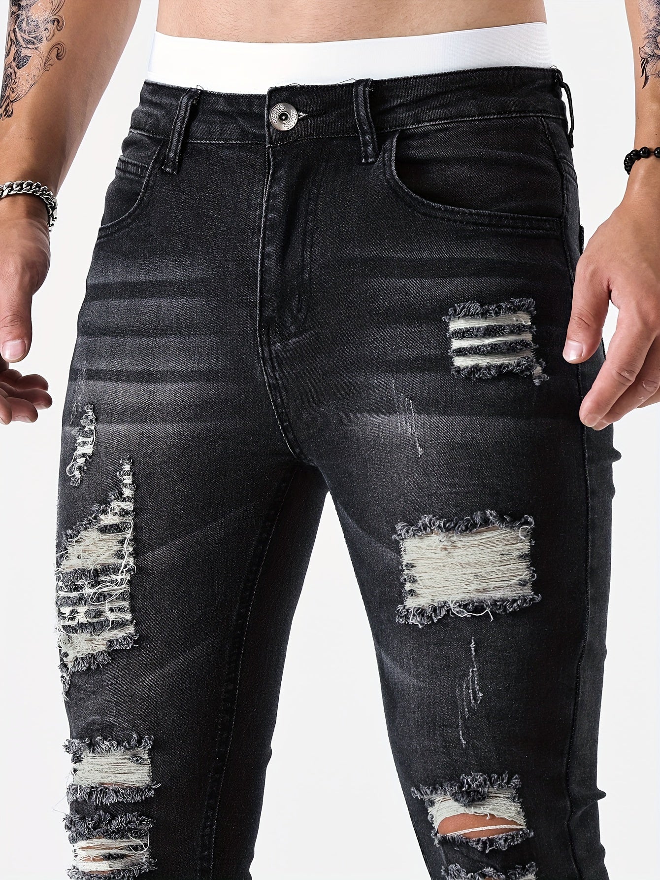 Slim Fit Ripped Jeans, Men's Casual Street Style Distressed Medium Stretch Denim Pants