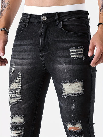 Slim Fit Ripped Jeans, Men's Casual Street Style Distressed Medium Stretch Denim Pants