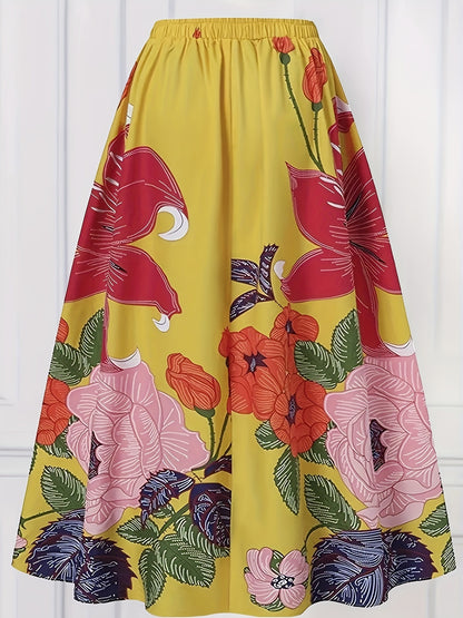 Plus Size Elegant Skirt, Women's Plus Floral Print Elastic High Rise Slight Stretch A-line Maxi Skirt