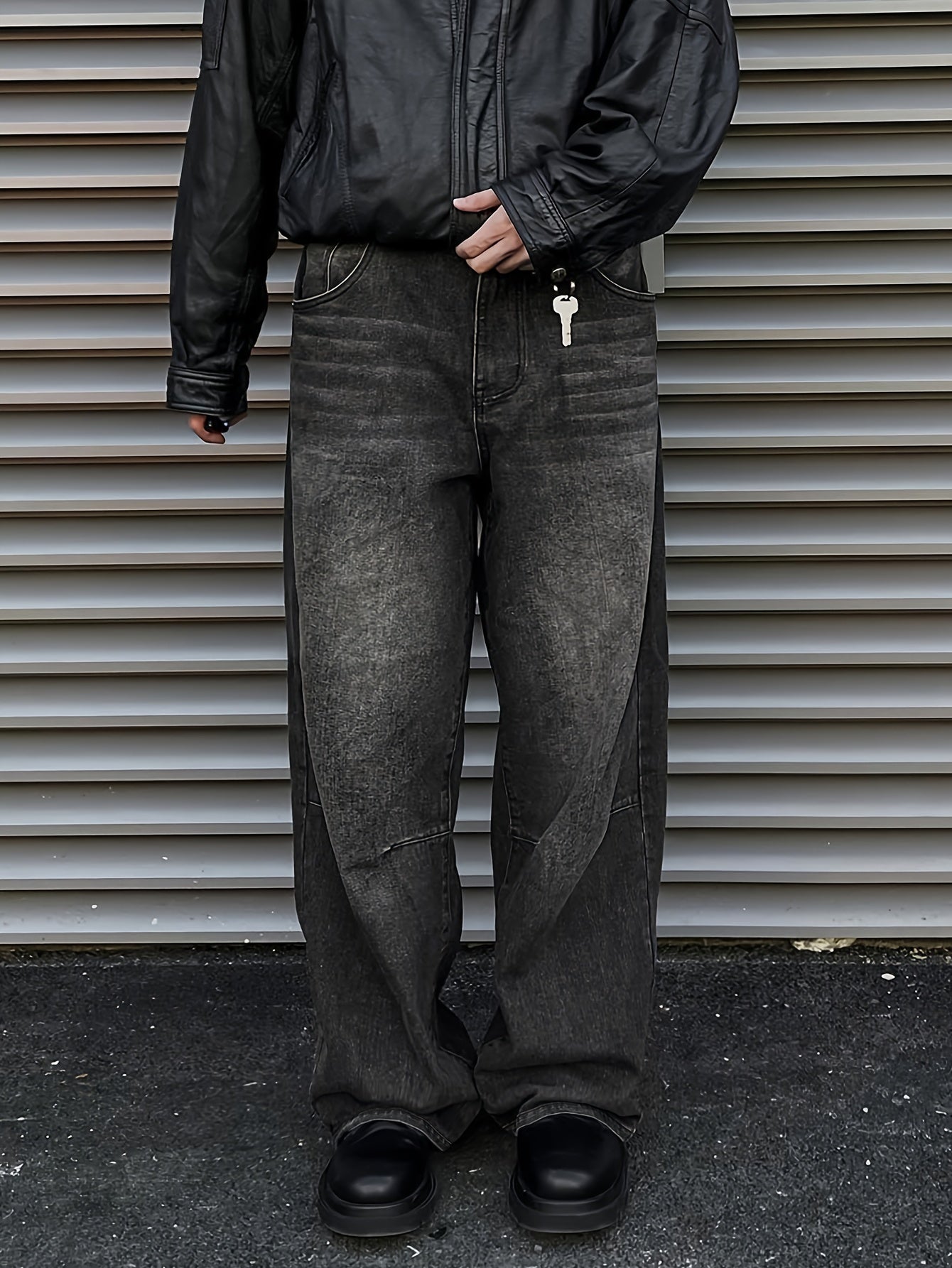 Men's Casual Wide Leg Jeans, Street Style Loose Fit Distressed Denim Pants