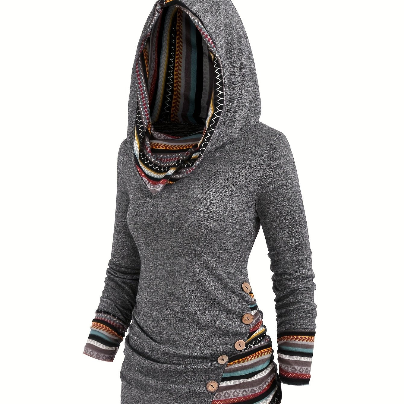 Trendy Womens Stripe Hoodie with Button Accent - Casual Long Sleeve Splicing Design - Comfortable & Stylish Fashion Clothing