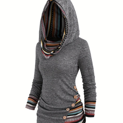 Trendy Womens Stripe Hoodie with Button Accent - Casual Long Sleeve Splicing Design - Comfortable & Stylish Fashion Clothing