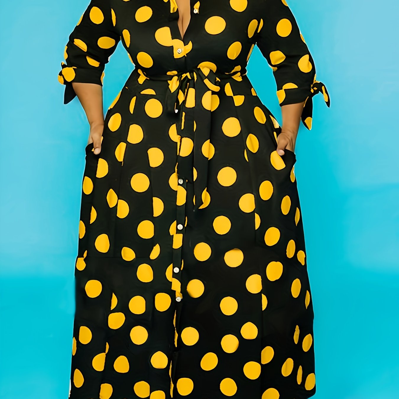 Elegant Plus Size Polka Dots Print Maxi Dress - Women's Button Up Collared Belted