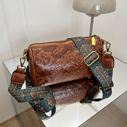 Boho-Chic Floral Embossed Crossbody & Shoulder Bag for Women | Elegant Retro Charm with Secure Zipper Closure, Perfect for Every Occasion