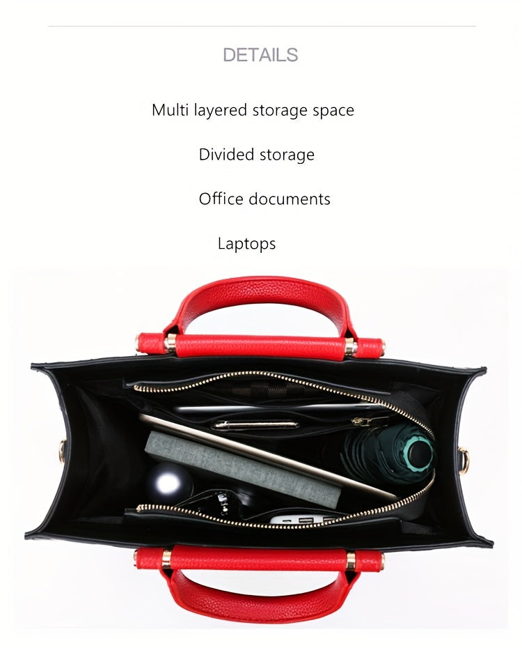 Classic Letter Embossed Tote Bag, Colorblock Shoulder Bag, All-Match Satchel Bag For Work