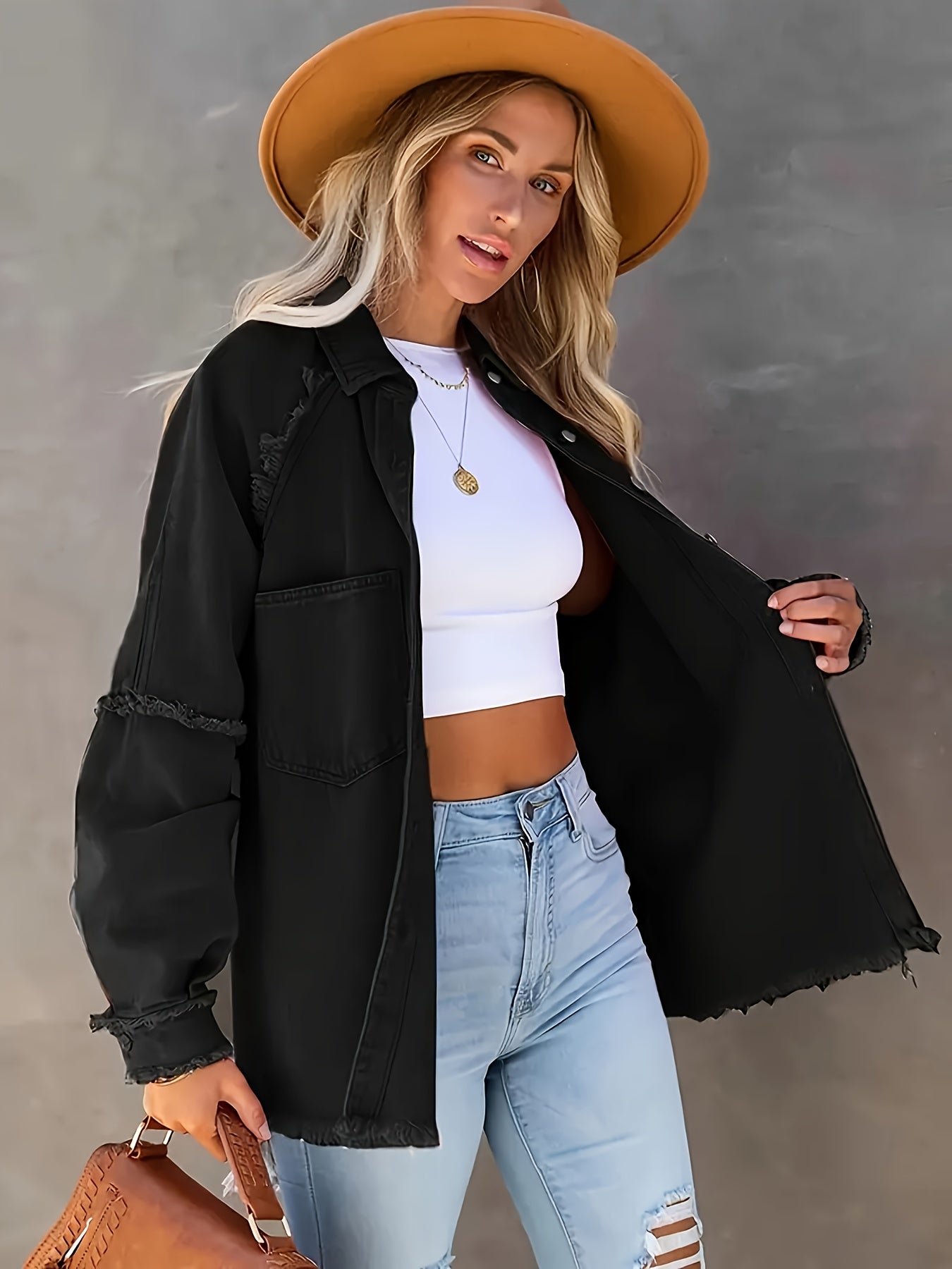 Women's Plus Size Denim Shacket with Raw Hem and Lapel Collar - Casual Button Up Long Sleeve Top for Oversized Comfort and Style