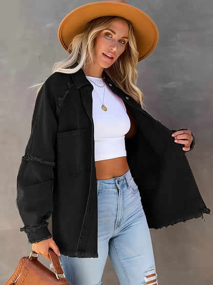 Women's Plus Size Denim Shacket with Raw Hem and Lapel Collar - Casual Button Up Long Sleeve Top for Oversized Comfort and Style