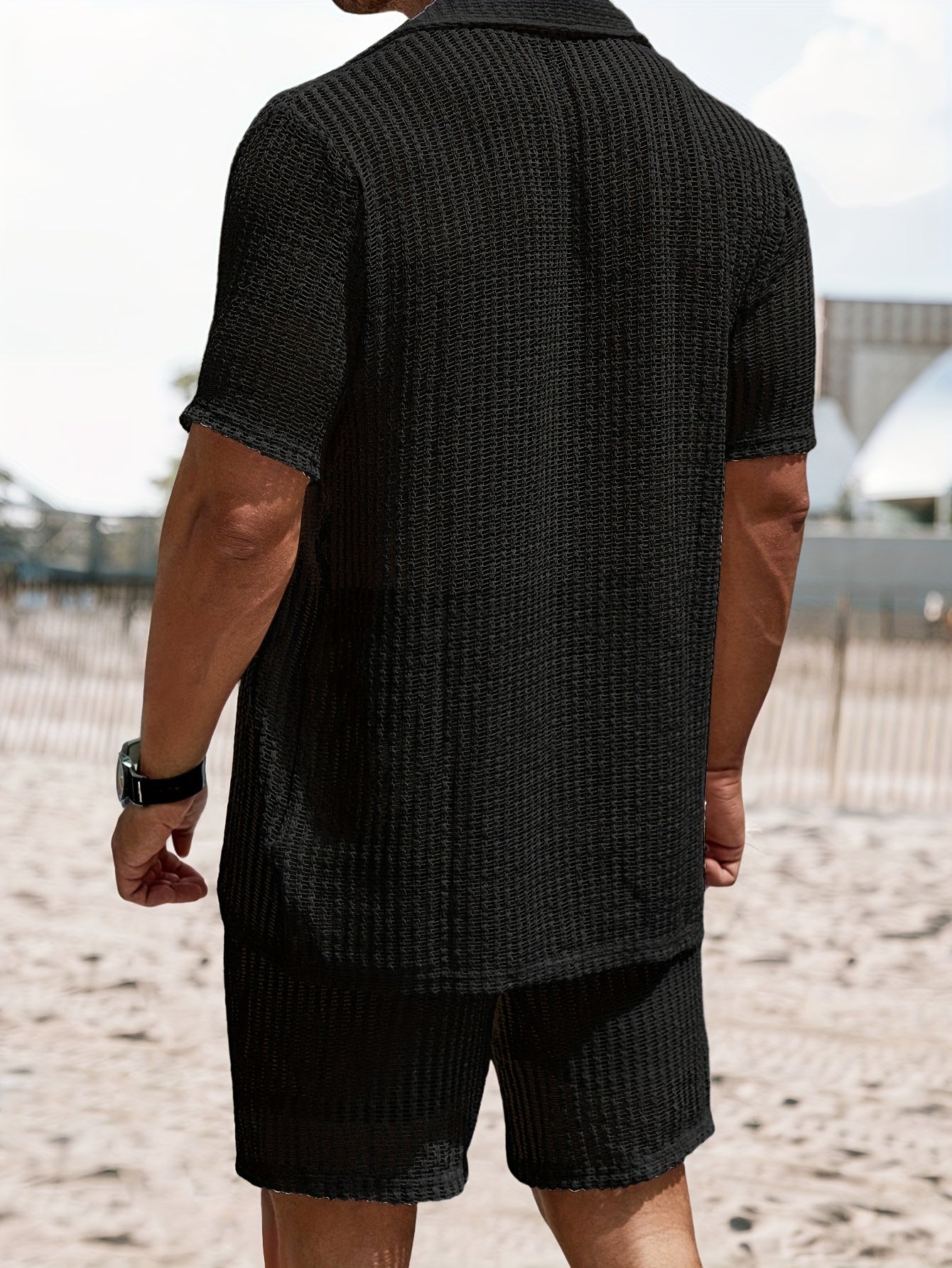 2Pcs Men's Co-ord Set - Breathable Hollow Out Short Sleeve Shirt and Drawstring Shorts for Summer - Daily Leisure, Vacation, Resorts, and Outdoor Activities