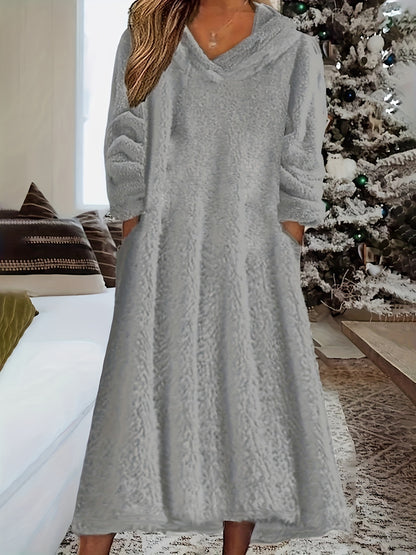 Long Sleeve Winter Warm Teddy Hooded Dress, Casual Women's Clothing