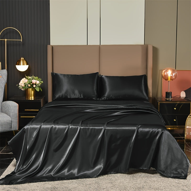4-Piece Luxurious Satin Bedding Set - Silky Smooth, Breathable Comfort for All Seasons - Ideal for Home and Hotel - Includes Flat Sheet, Elasticized Fitted Sheet, and 2 Pillowcases