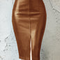 Sexy Leather Slim Slit Skirts, Casual PU Fashion Bodycon Skirts, Women's Clothing
