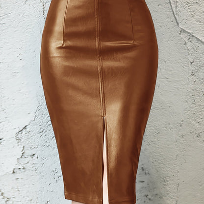 Sexy Leather Slim Slit Skirts, Casual PU Fashion Bodycon Skirts, Women's Clothing