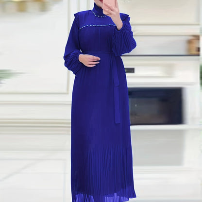 Elegant Pleated Maxi Dress for Women - Solid Color, Belted Waist, Long Sleeve, Machine Washable - Perfect for Ramadan & Casual Attire