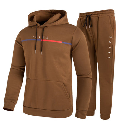 Paris Print, Men's 2Pcs Outfits, Casual Hoodies Long Sleeve Pullover Hooded Sweatshirt And Sweatpants Joggers Set For Spring Fall, Men's Clothing