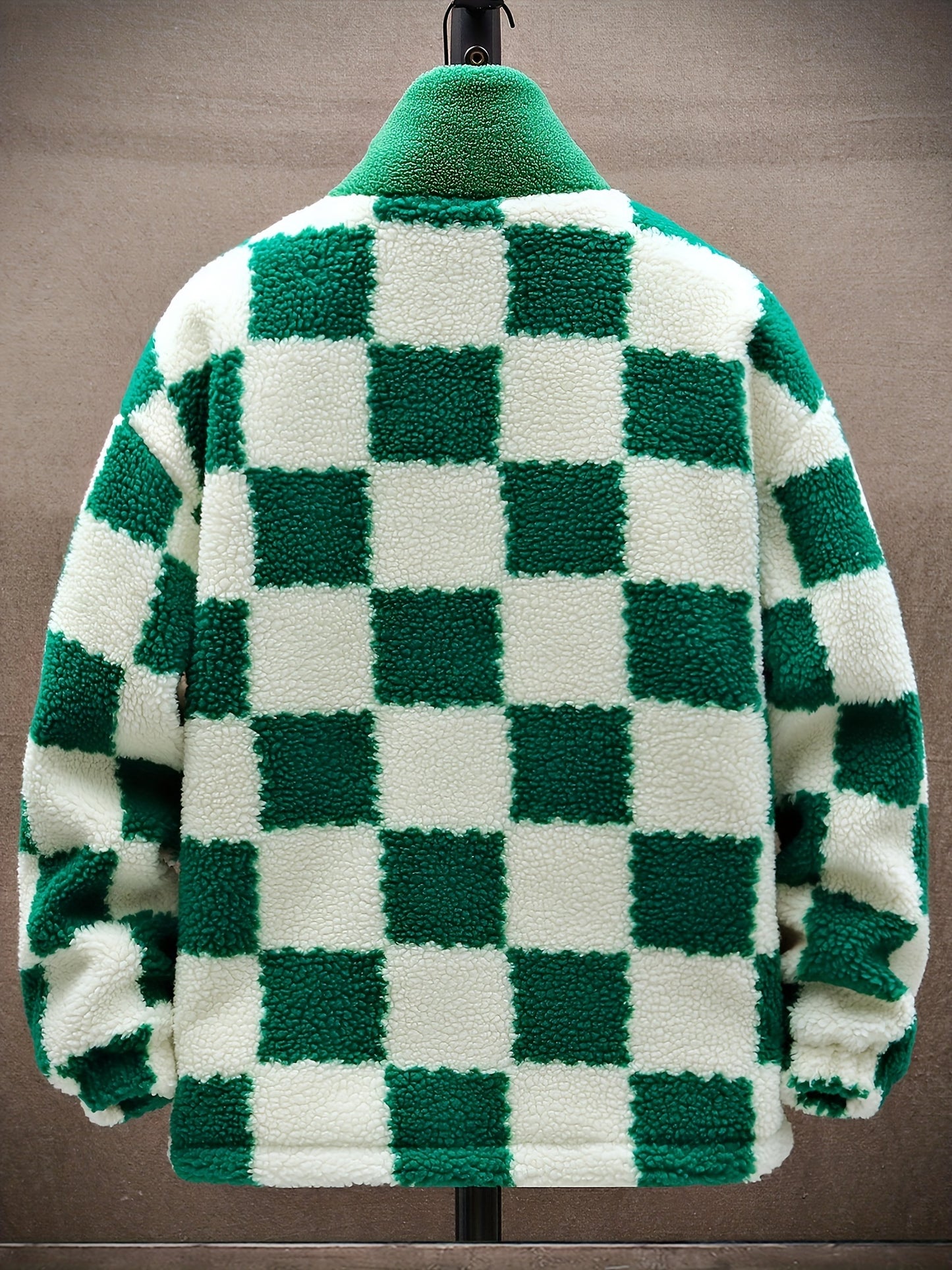 Men'S Plush Checkered Winter Coat - Blue & White, Loose Fit, Stand Collar, Zip-Up Jacket with Drawstring Hood, Casual Style for Fall/Winter, Winter Coat