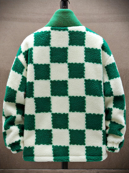 Men'S Plush Checkered Winter Coat - Blue & White, Loose Fit, Stand Collar, Zip-Up Jacket with Drawstring Hood, Casual Style for Fall/Winter, Winter Coat