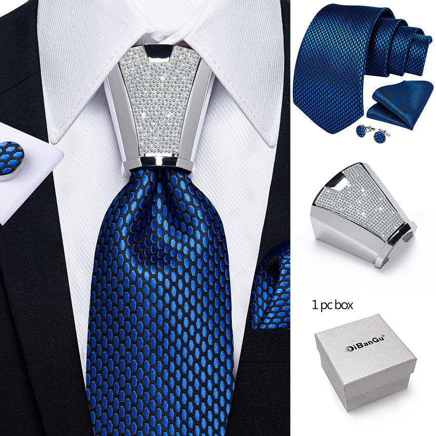 [For Business Silvery Necktie Set] Men's Necktie Silvery Ring & Handkerchief & Cufflinks Set For Business Accessories With Gift Box