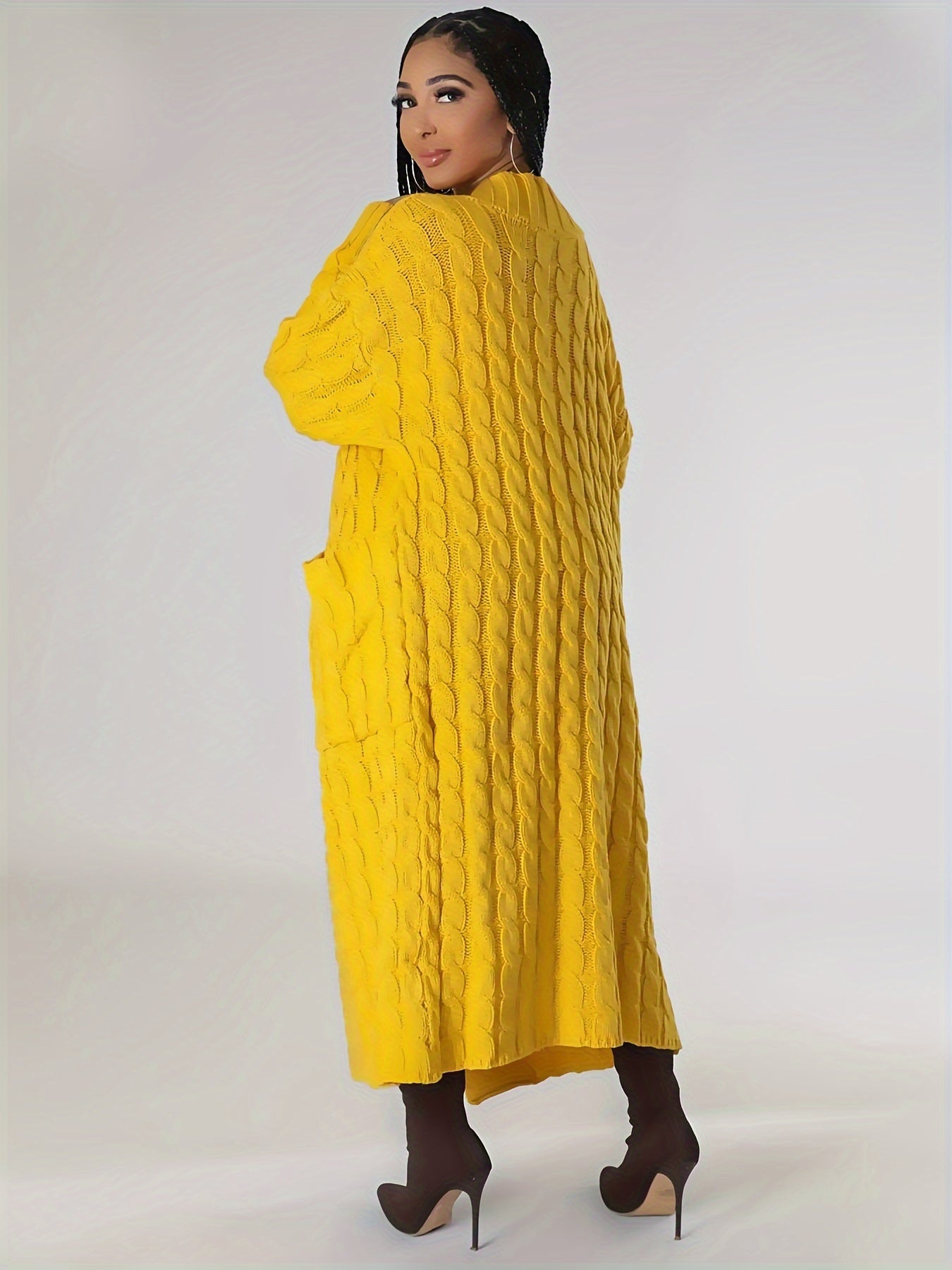 Plus Size Solid Jacquard Longline Cardigan, Women's Plus Medium Stretch Elegant Sweater Cardigan