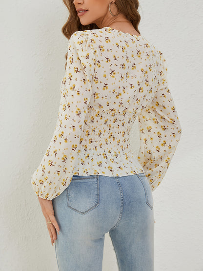 Ditsy Floral Print Shirred Blouse, Elegant Long Sleeve V Neck Blouse, Women's Clothing