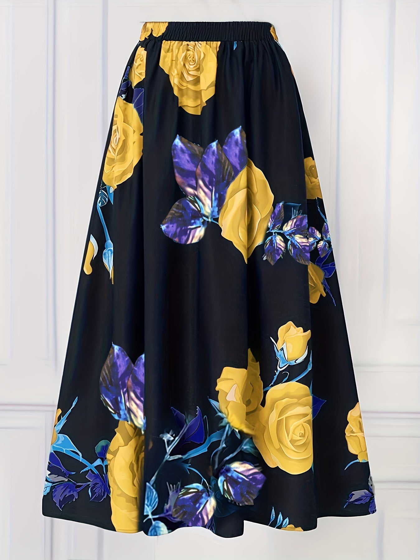 Plus Size Elegant Skirt, Women's Plus Floral Print Elastic High Rise Slight Stretch A-line Maxi Skirt