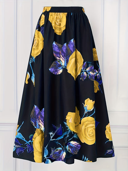 Plus Size Elegant Skirt, Women's Plus Floral Print Elastic High Rise Slight Stretch A-line Maxi Skirt