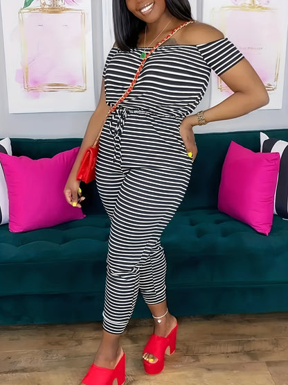 Striped Off Shoulder Drawstring Jumpsuit, Casual Short Sleeve Slim Jumpsuit For Spring & Summer, Women's Clothing