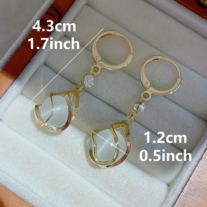 [Elegant Copper Dangle Earrings Shiny] Moonstone Bead Shiny Rhinestone Decor Dangle Earrings Elegant Simple Style Copper Jewelry Delicate Female Gift