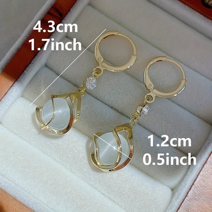 [Elegant Copper Dangle Earrings Shiny] Moonstone Bead Shiny Rhinestone Decor Dangle Earrings Elegant Simple Style Copper Jewelry Delicate Female Gift