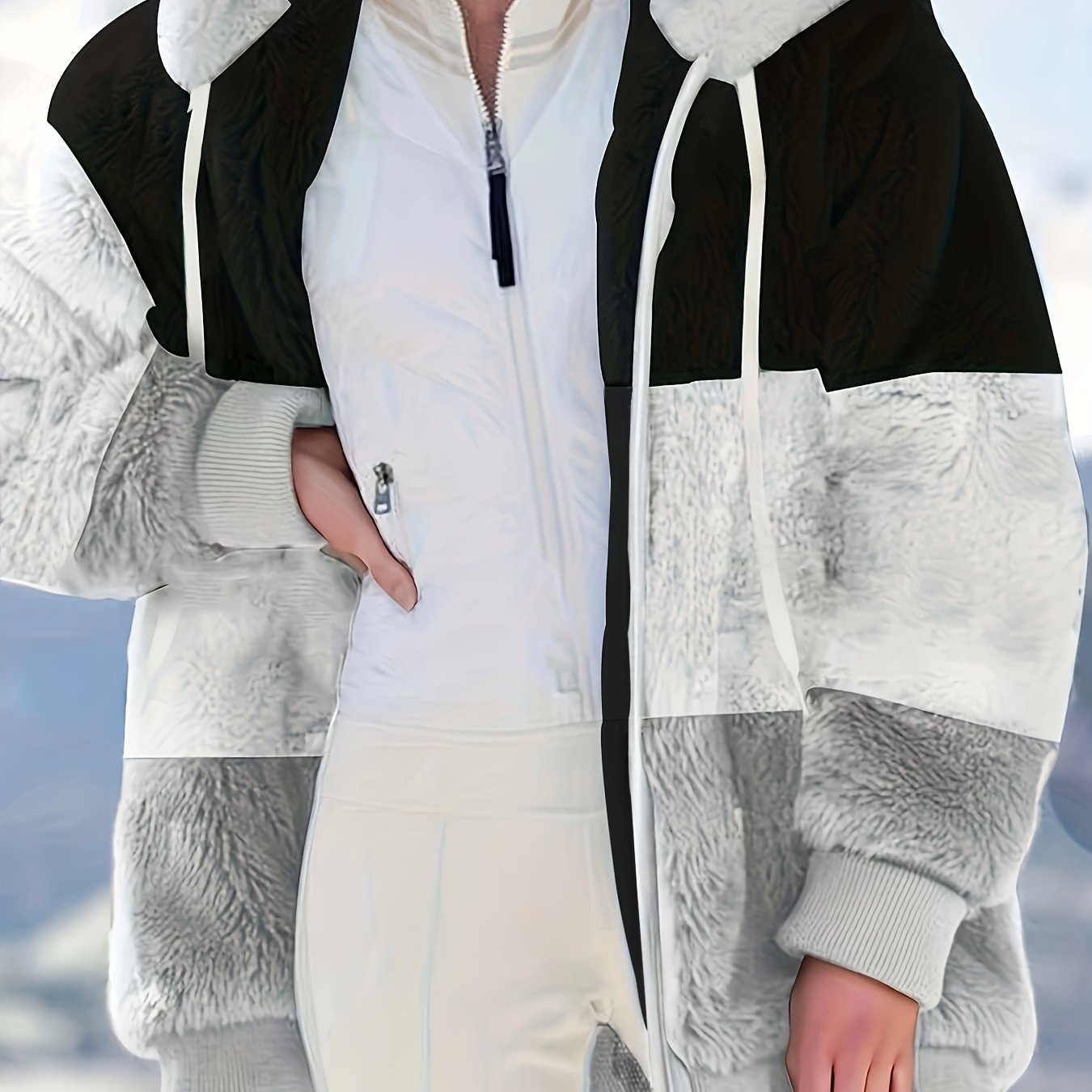 Plus Size Colorblock Fuzzy Hoodie Drawstring Zip Up Coat, Women's Plus Pocket Casual Overcoat