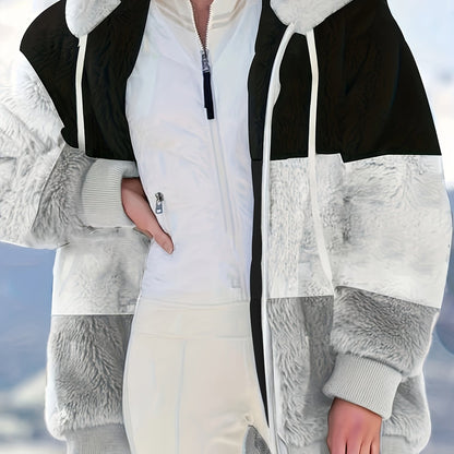 Plus Size Colorblock Fuzzy Hoodie Drawstring Zip Up Coat, Women's Plus Pocket Casual Overcoat