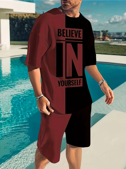 Believe In Yourself Print, Men's 2Pcs Outfits, Casual Crew Neck Short Sleeve T-shirt And Drawstring Shorts Set For Summer, Men's Clothing