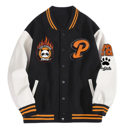 Mens Panda Embroidered Varsity Jacket - Stylish Color Block, Button Up for Spring/Fall - Handcrafted Design, Perfect for School or Casual Wear
