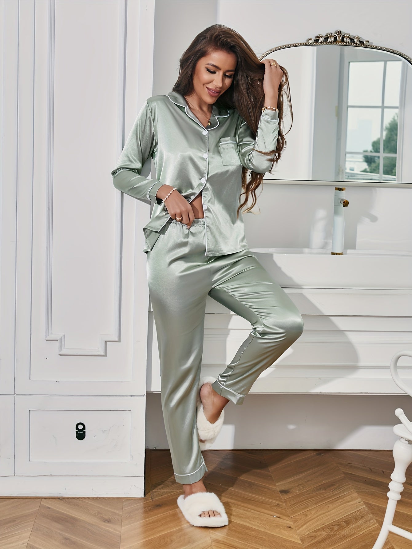 Solid Pajama Set, Long Sleeve Button Up Lapel Top & Pants Pj Set, Women's Sleepwear & Loungewear