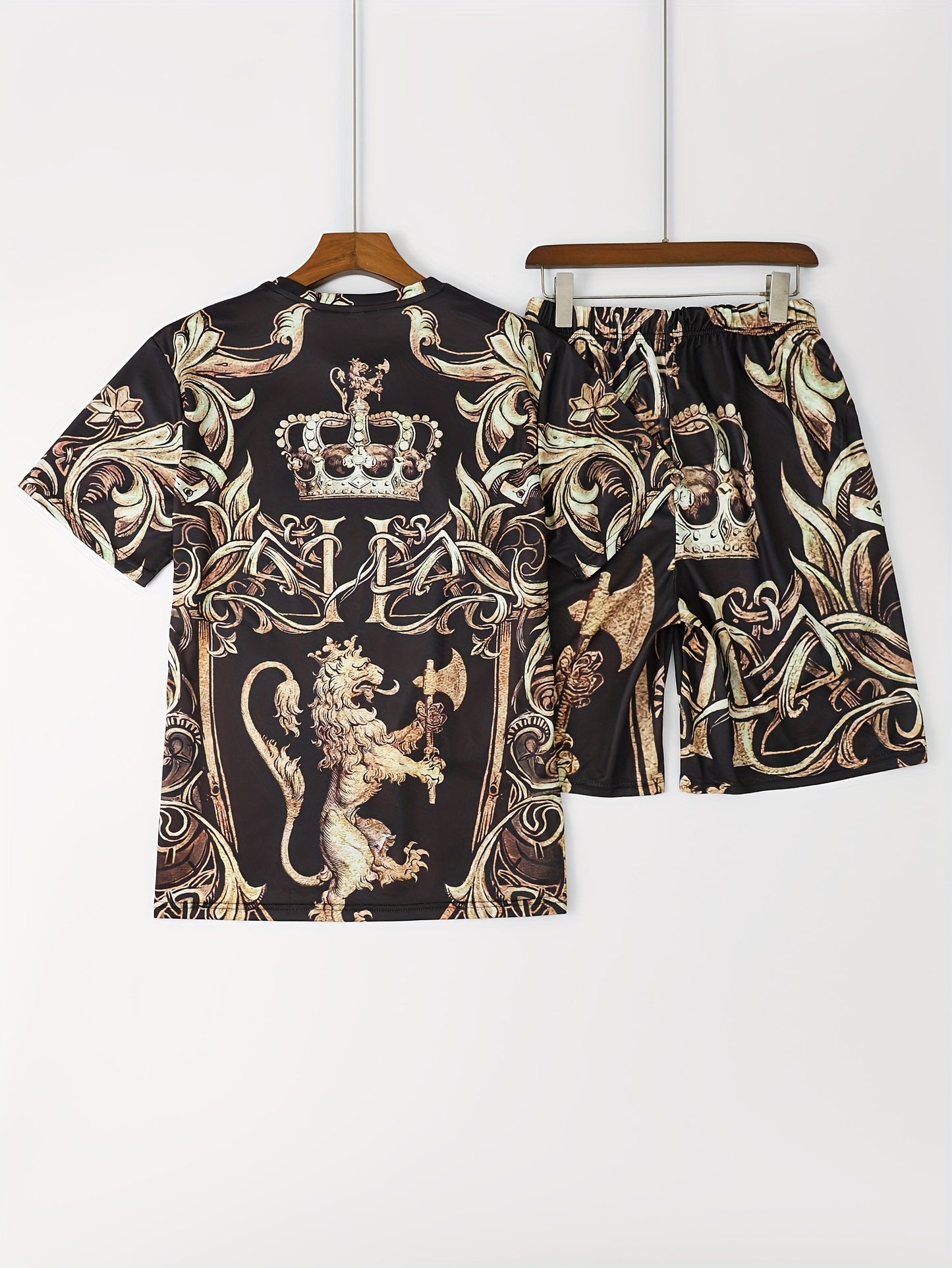 2pcs Sports Set, Men's Comfy Crew Neck Plaid Tee & Active Slightly Stretch Breathable Pants For Outdoor Activities